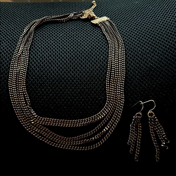 New Gold/Copper Tone Multiple Chains Necklace Earrings Set - Picture 1 of 3